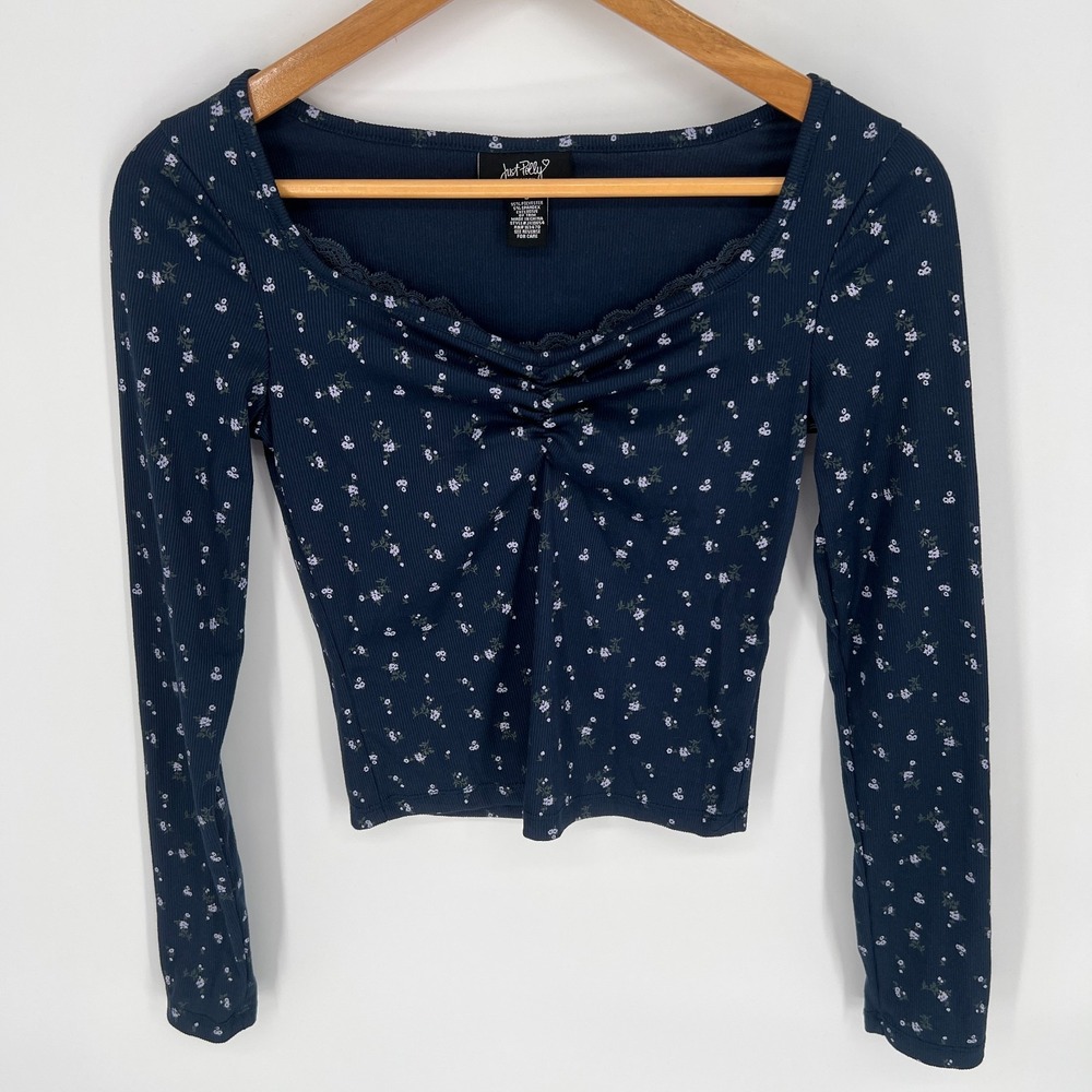 Vintage Y2K Cropped  Baby T Long Sleeve Top Womens Sz S Blue Floral Lace Preppy